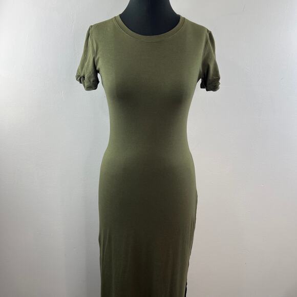 THEORY Olive Green Bodycon Dress Stretch Side Slit Crew Neck Size S P Small - Picture 2 of 10